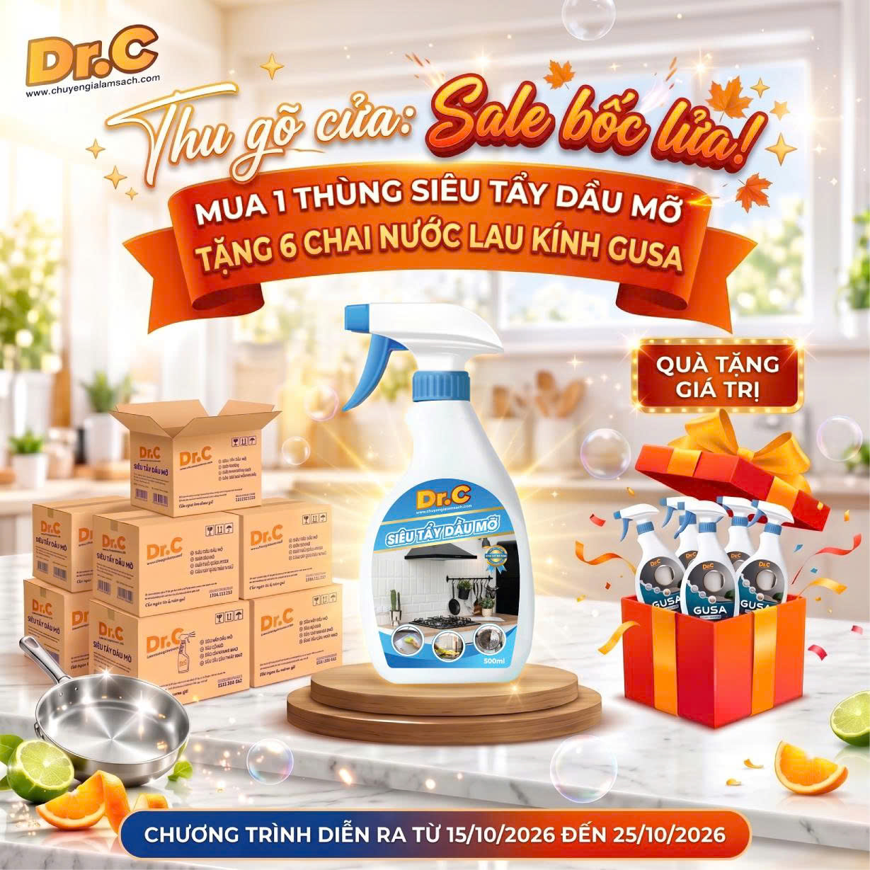 Chương Trình Khuyến Mại Tháng 10: Mua 1 Thùng Siêu Tẩy Dầu Mỡ Dr.C Tặng Ngay 6 Nước Lau Kính GUSA