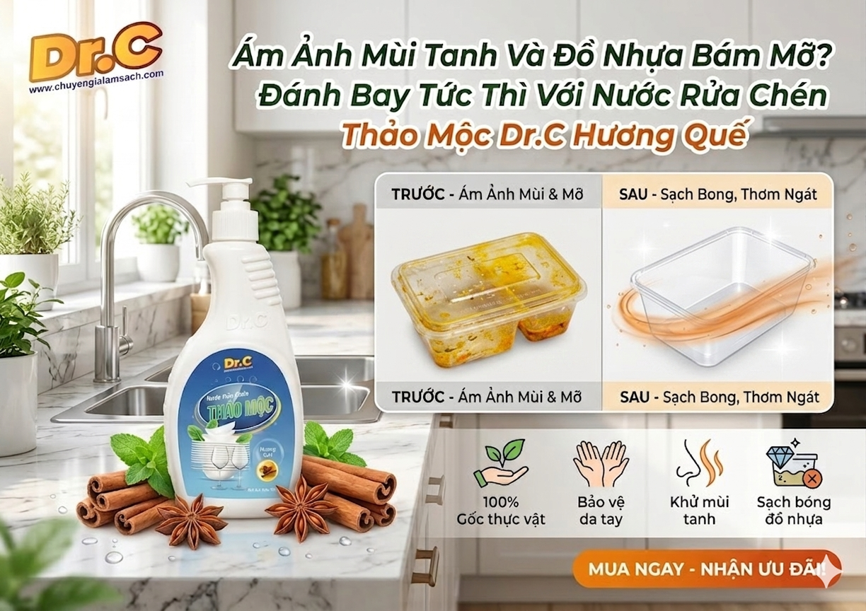Ám Ảnh Mùi Tanh Và Đồ Nhựa Bám Mỡ? Đánh Bay Tức Thì Với Nước Rửa Chén Thảo Mộc Dr.C Hương Quế