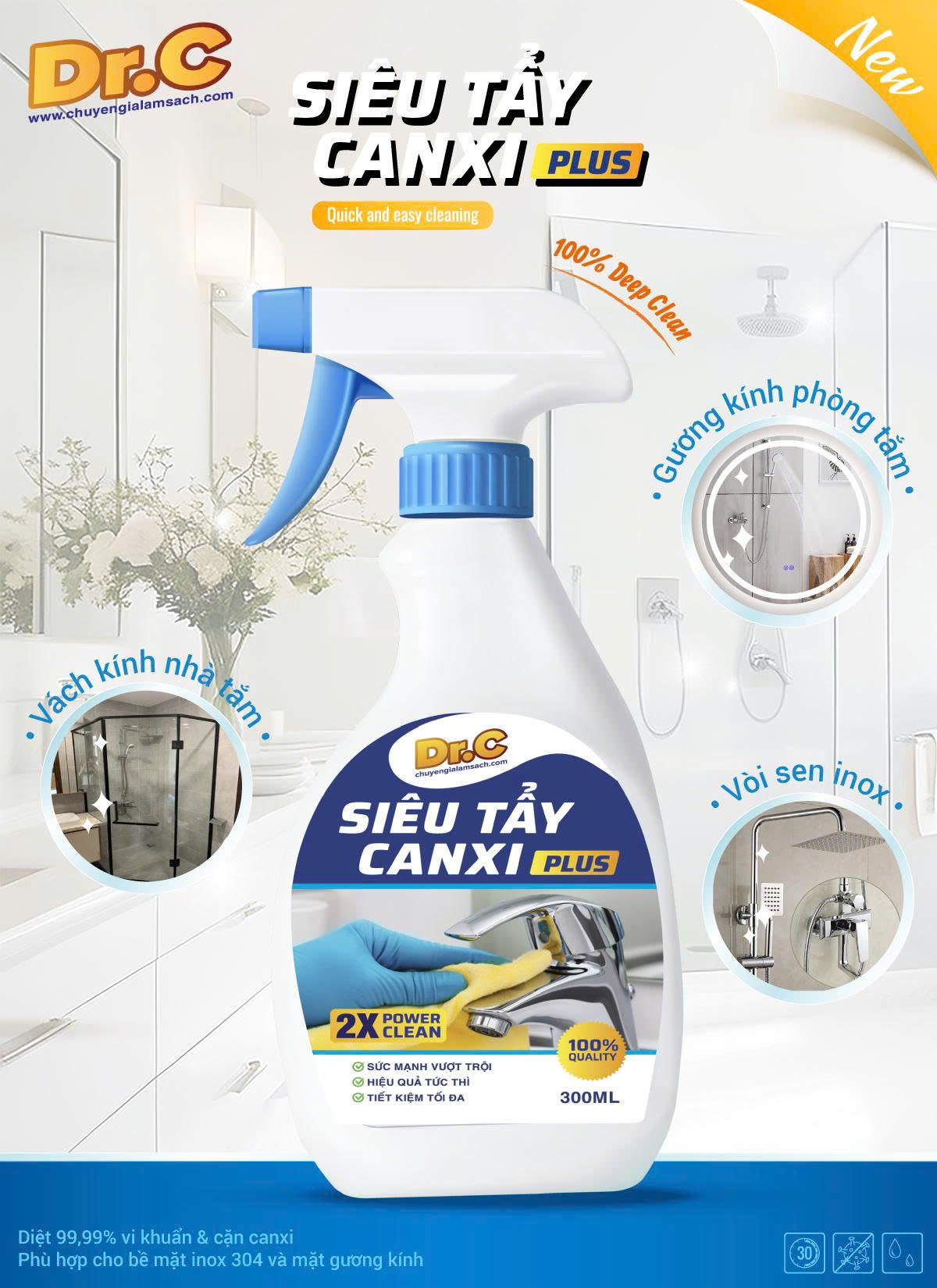 Dung Dich Tẩy Cặn Canxi Plus - TẨY CẶN CANXI TRÊN VÁCH KÍNH NHÀ TẮM VÀ THIẾT BỊ SEN VÒI