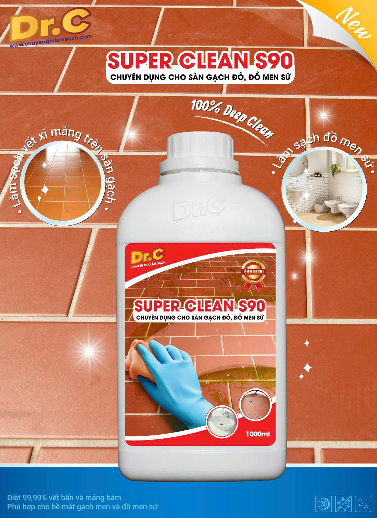 Super Clean S90 Dung Dịch Làm Sạch Các Vết Bẩn Cứng Đầu, Tẩy Xi Măng, Vôi Vữa Trên Bề Mặt Sàn Gạch