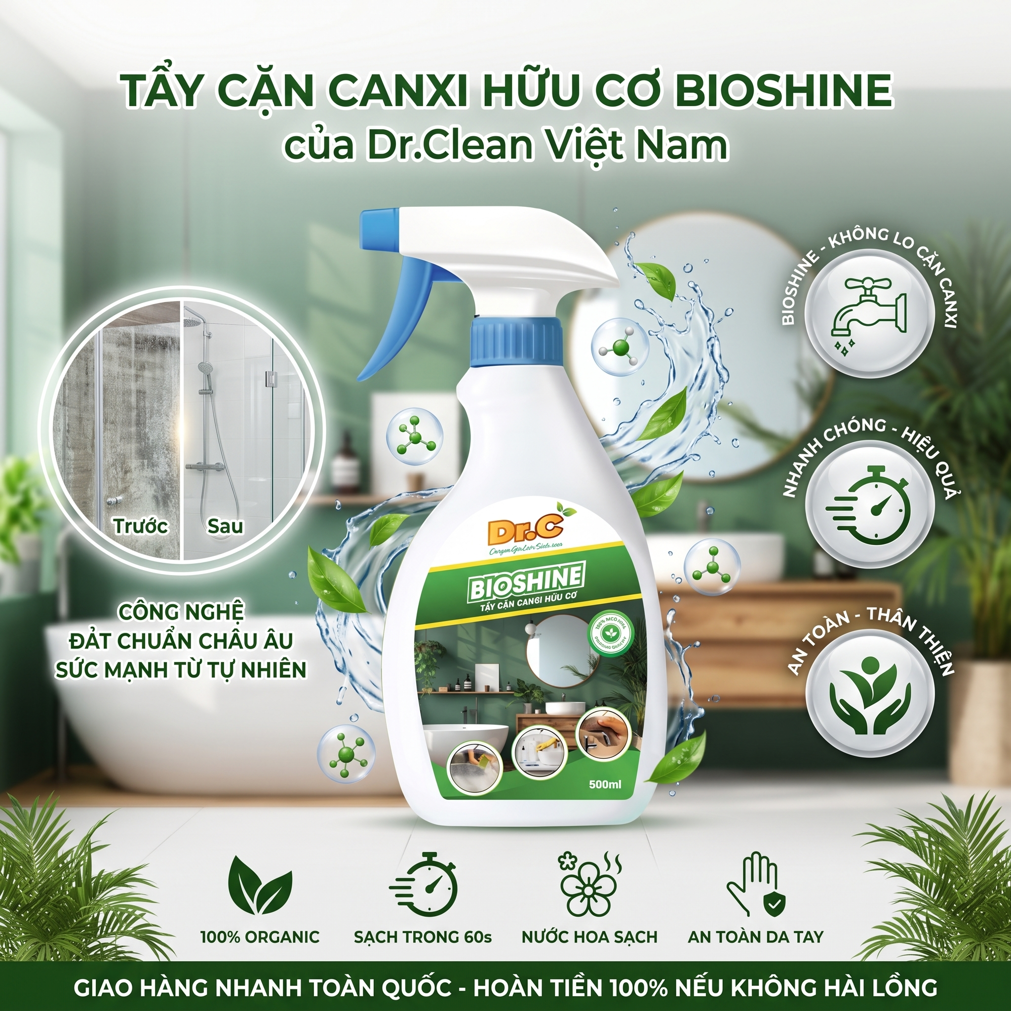 Tẩy Cặn Canxi Hữu Cơ Dr.Clean Bio Shine: Giải Pháp Sạch Bóng, An Toàn Cho Không Gian Phòng Tắm