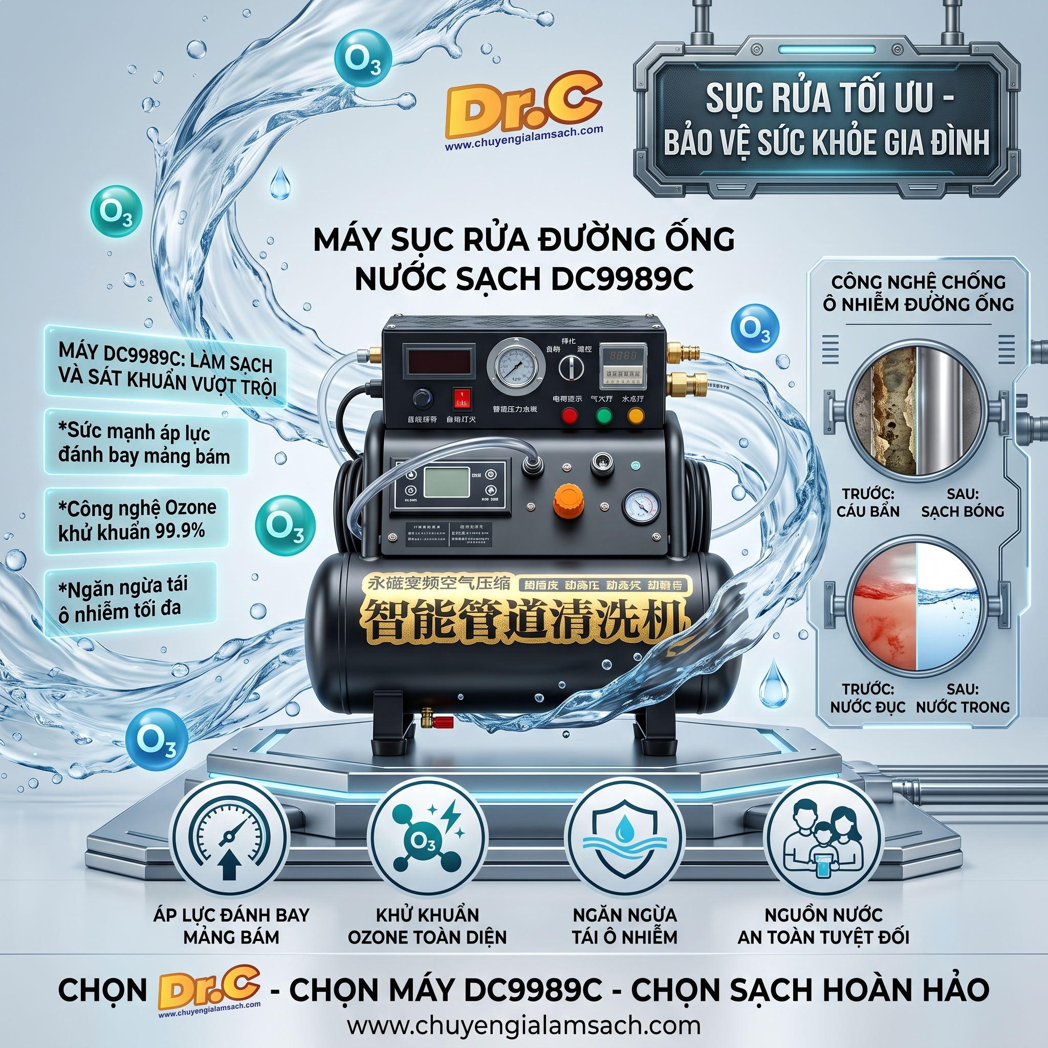 Đánh Giá Máy Sục Rửa Đường Ống Nước DC9989C Công Nghệ Ozone: Giải Pháp Thanh Lọc Nguồn Nước Toàn Diện