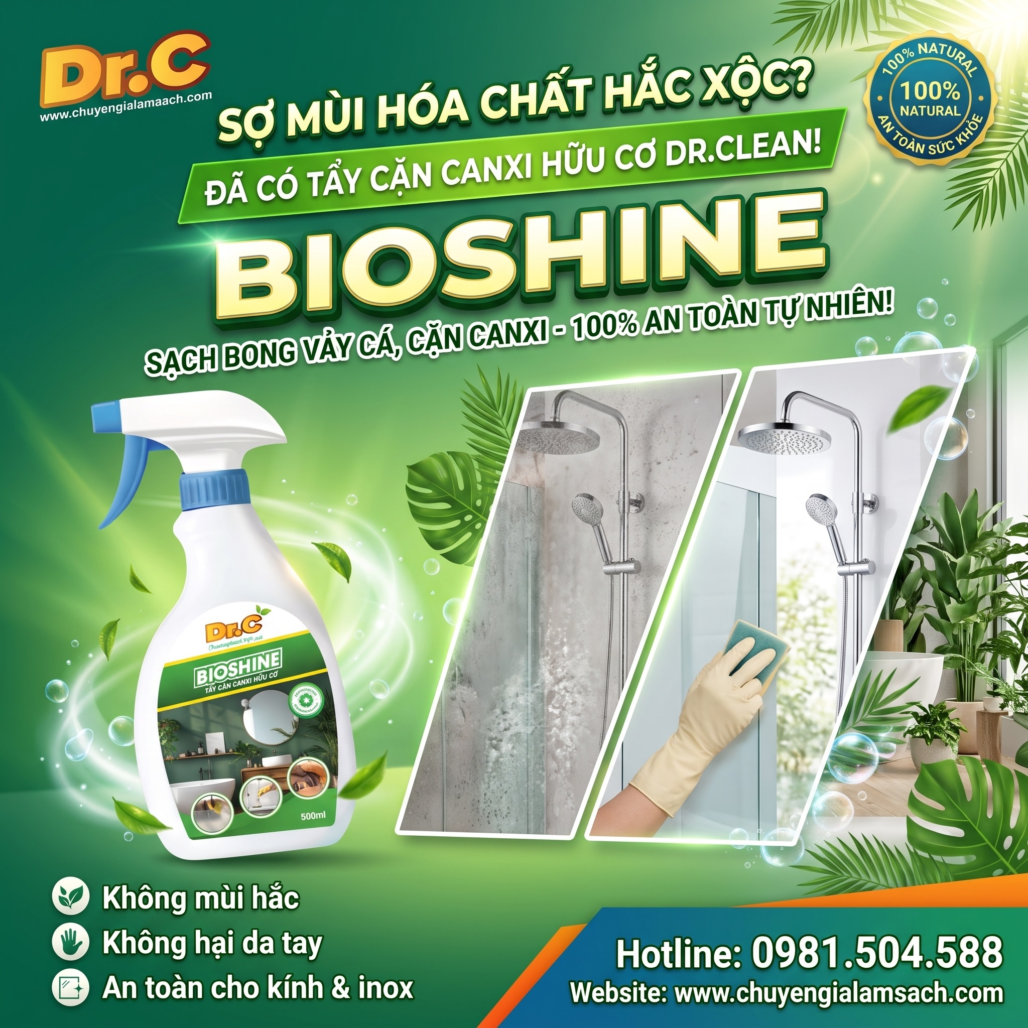 Siêu Tẩy Cặn Canxi Hữu Cơ Dr.Clean (Bioshine): Giải Pháp Làm Sạch Nhà Tắm An Toàn, Không Mùi Hắc
