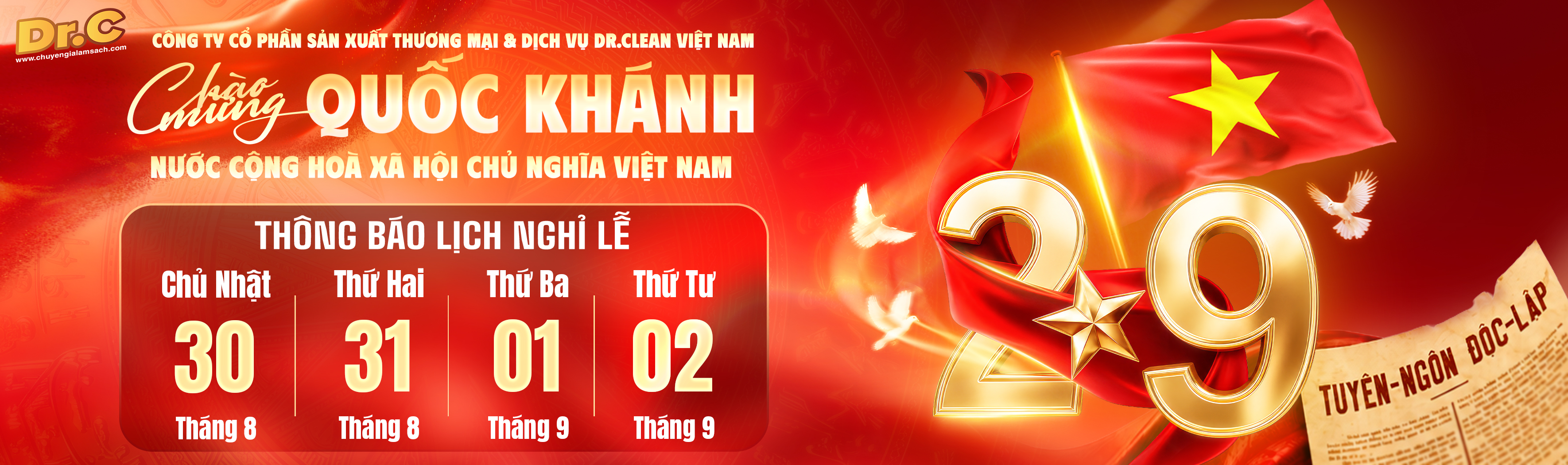 [THÔNG BÁO] Lịch Nghỉ Lễ Quốc Khánh 2/9 Năm 2026 – Chuyên Gia Làm Sạch Dr.C
