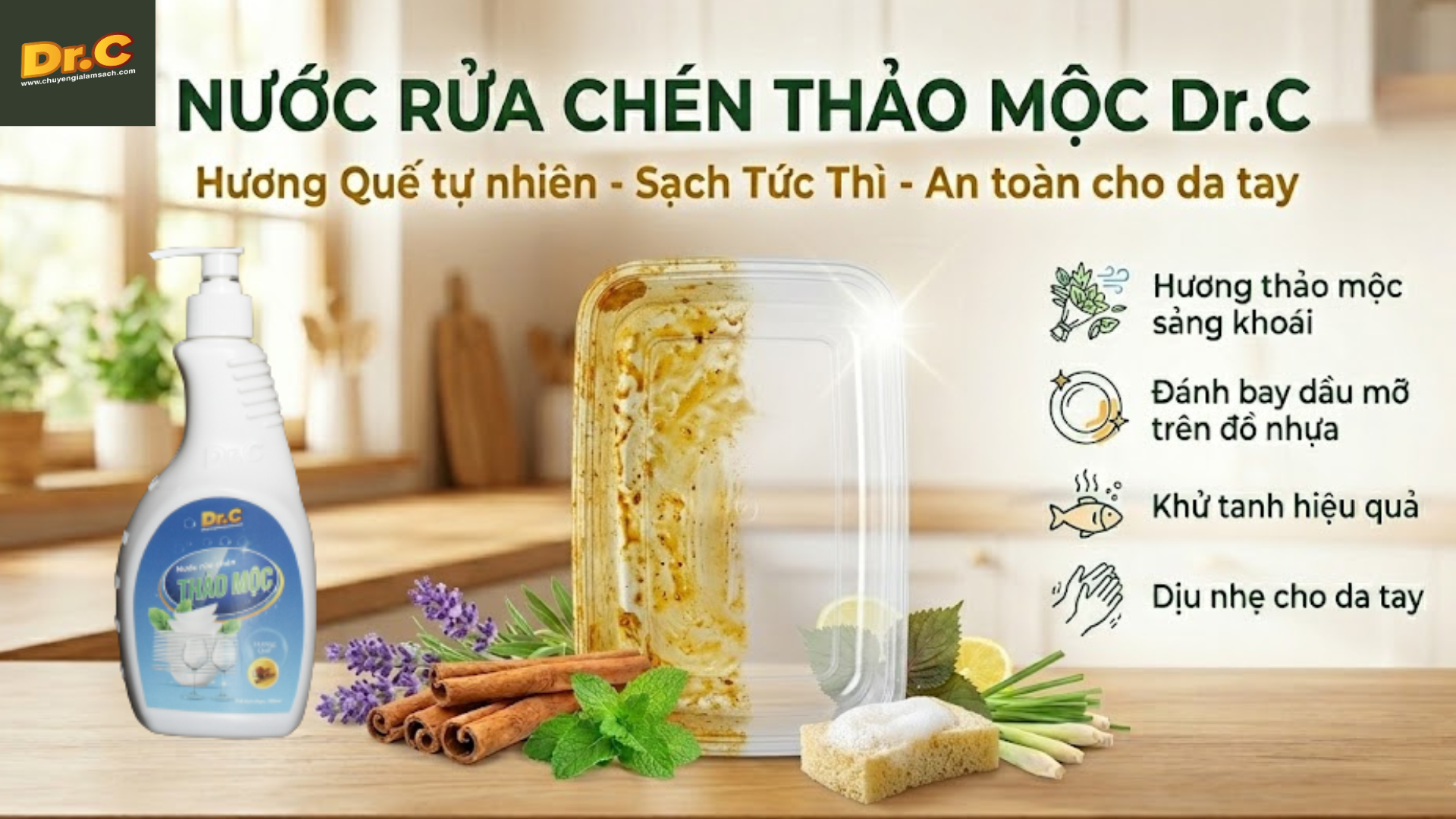 Nước Rửa Bát Thảo Mộc Dr.C Hương Quế - Khử Tanh, Sạch Khuẩn An Toàn