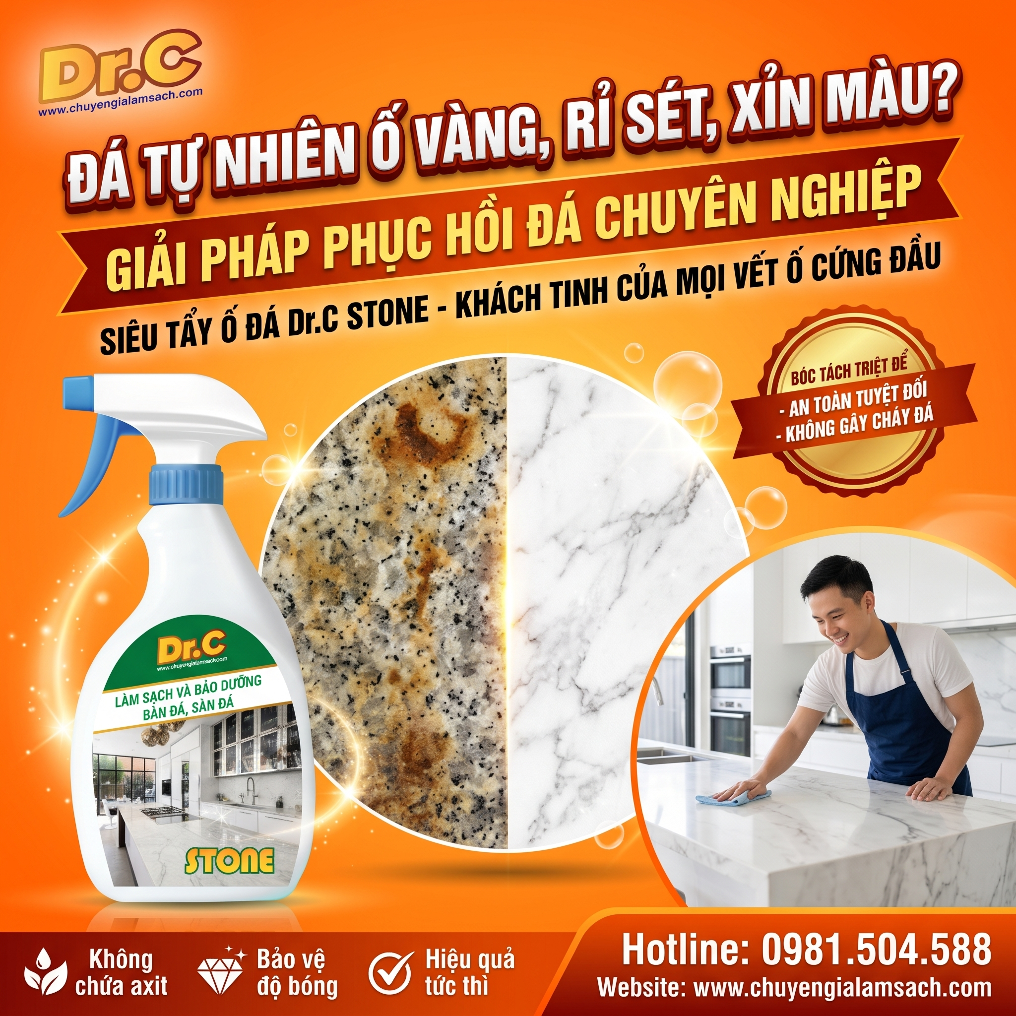 Siêu Tẩy Ố Đá Tự Nhiên Dr.C Stone: Giải Pháp Phục Hồi Granite & Marble Trắng Sáng Bền Lâu