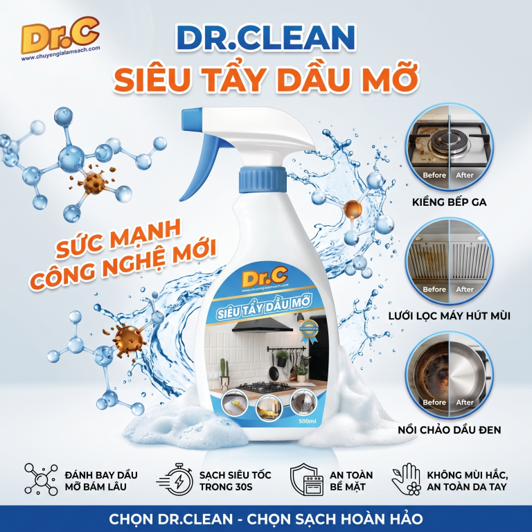 Tẩy Dầu Mỡ Nhà Bếp Dr.Clean: Đánh Bay Cặn Mỡ Cháy Khét, Sạch Bóng Máy Hút Mùi
