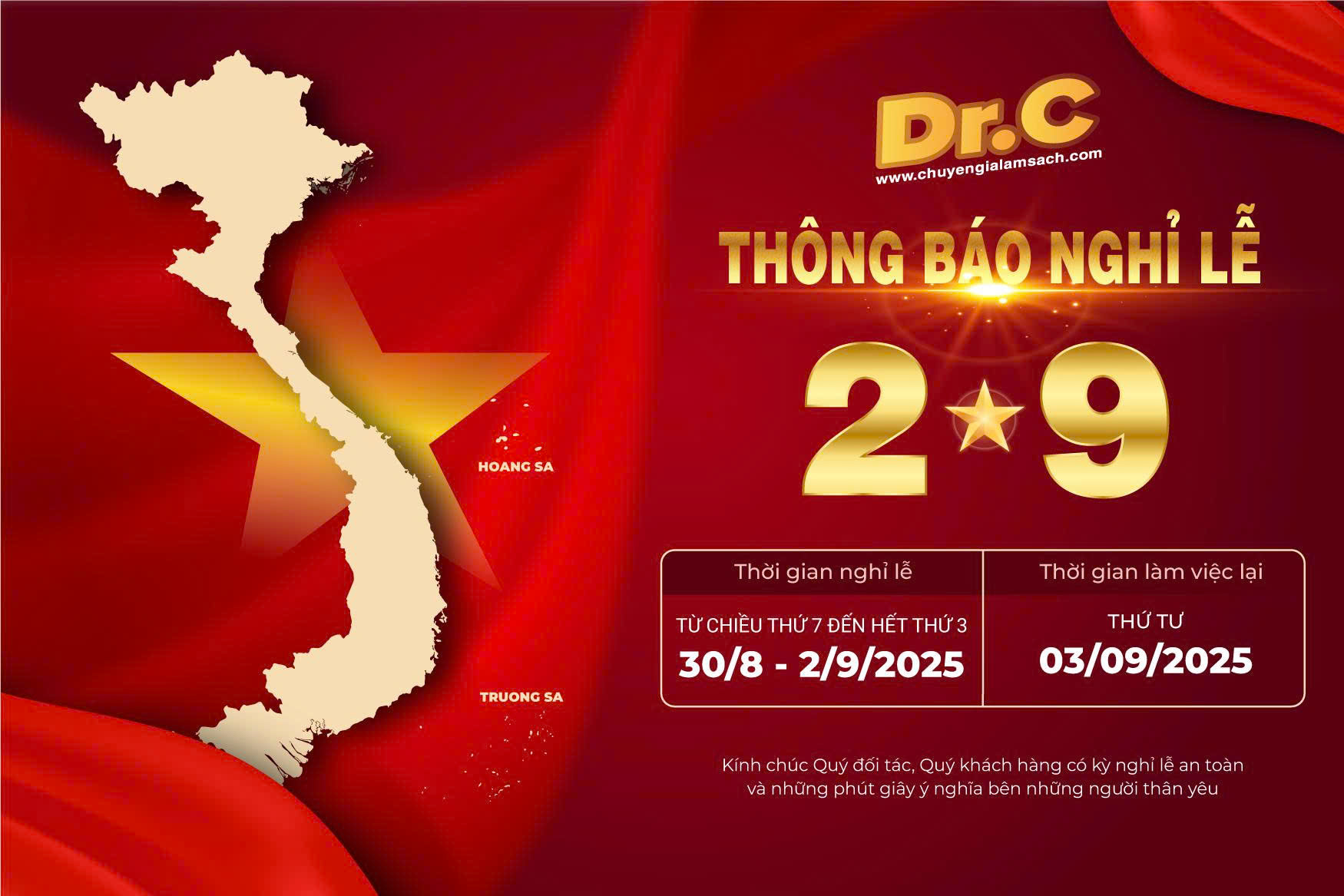 THÔNG BÁO LỊCH NGHỈ LỄ MÙNG 2 THÁNG 9 NĂM 2025