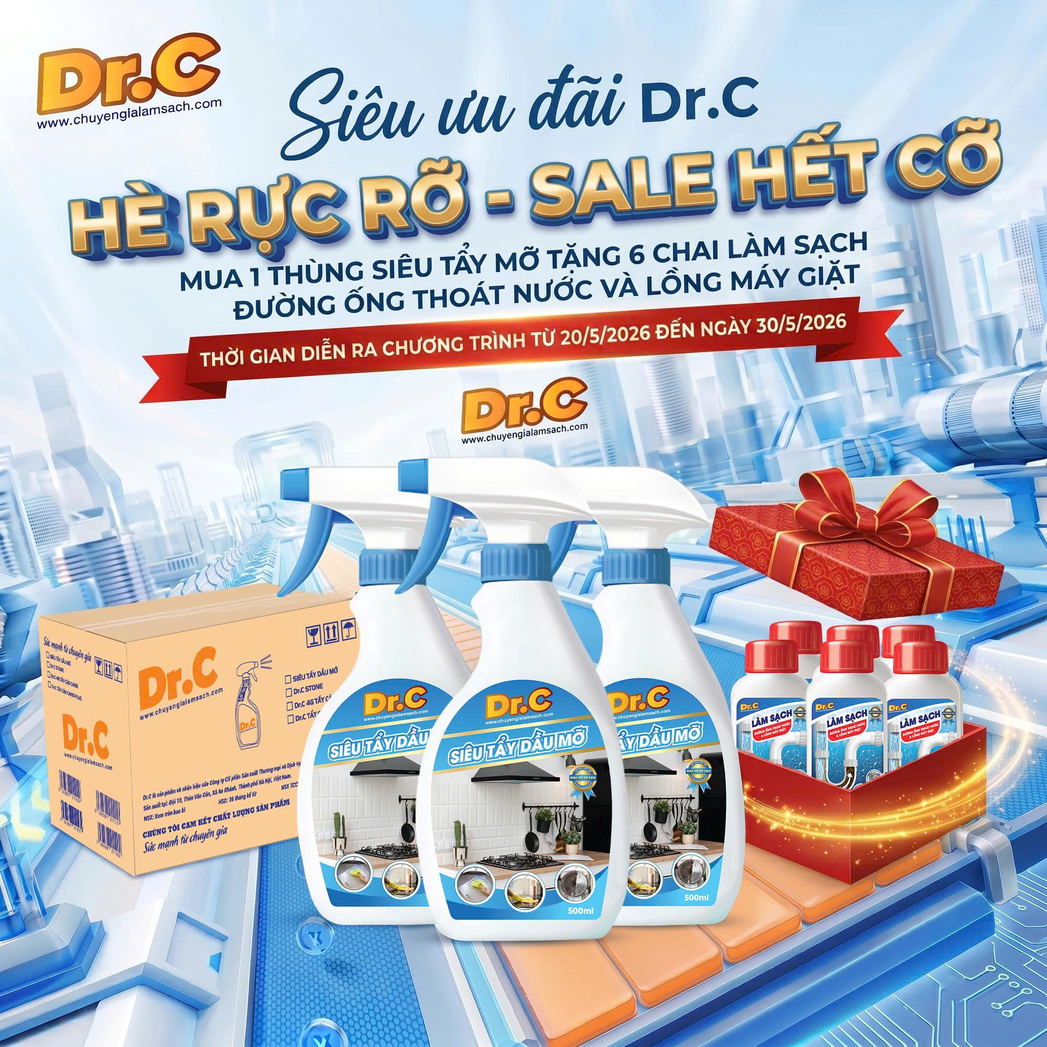 Khuyến Mãi Hè Rực Rỡ Dr.C: Mua 1 Thùng Siêu Tẩy Dầu Mỡ Tặng 6 Chai Làm Sạch Đường Ống